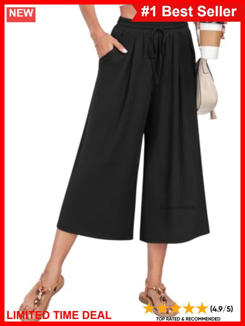 Womens Wide Leg Capri Pants High Waist Stretch Culottes with Pockets